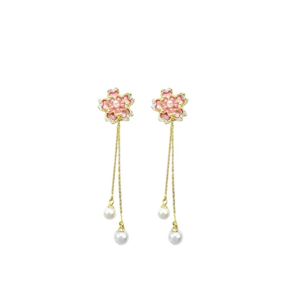 Pink Flower Long Earrings 14k Laminated gold - Picture 2 of 3
